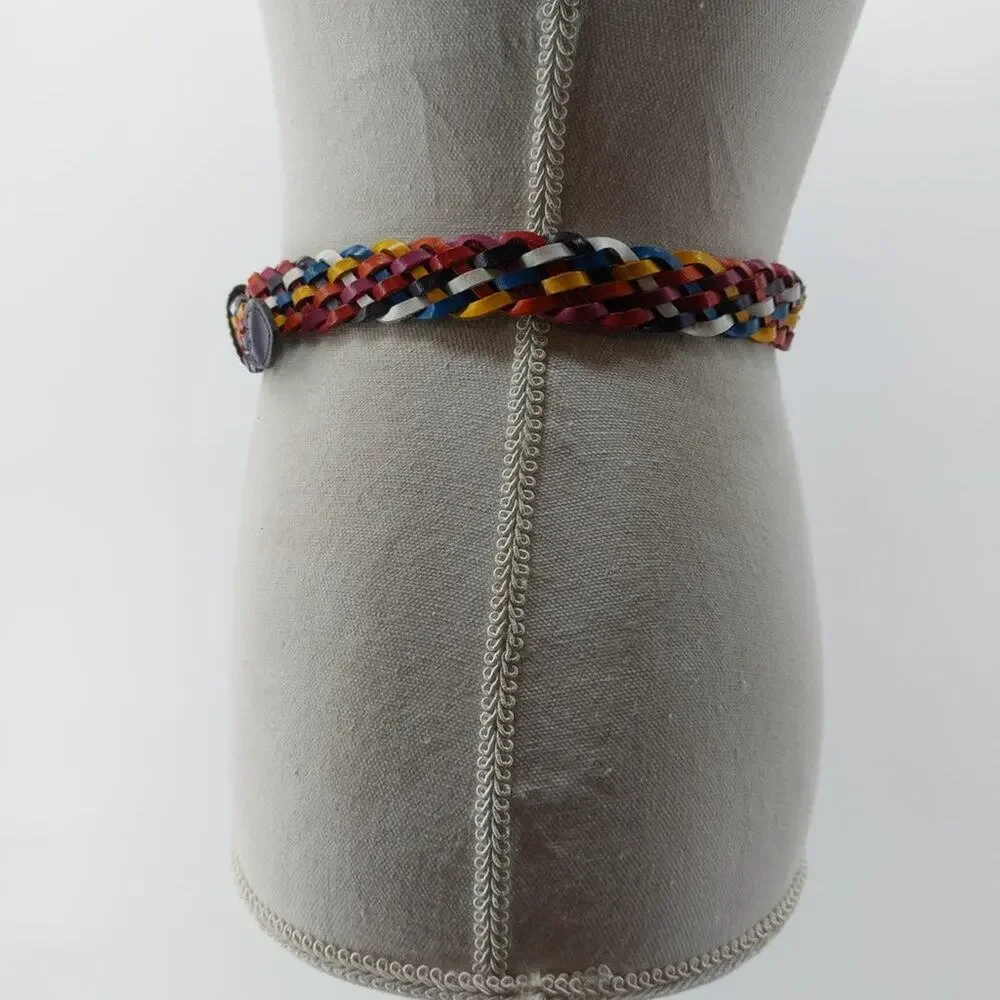 Vintage Women's Braided Woven Weaved Multicolored Genuine Leather Belt Size S